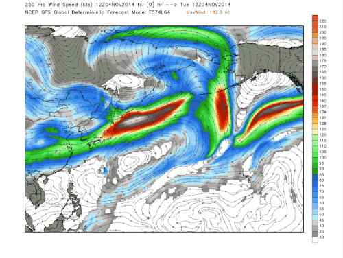Near-term forecasts of the North Pacific jet stream, showing a stronger, sharper jet stream (red colors indicate stronger winds) across the region on Tuesday and Wednesday.