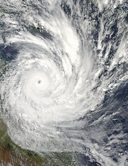 Satellite image of Cyclone Yasi on 2 February near peak intensity.  Image: wikipedia